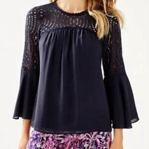 Lilly Pulitzer Amenna Lace Flounce Sleeve Blouse, True Navy, Size 00